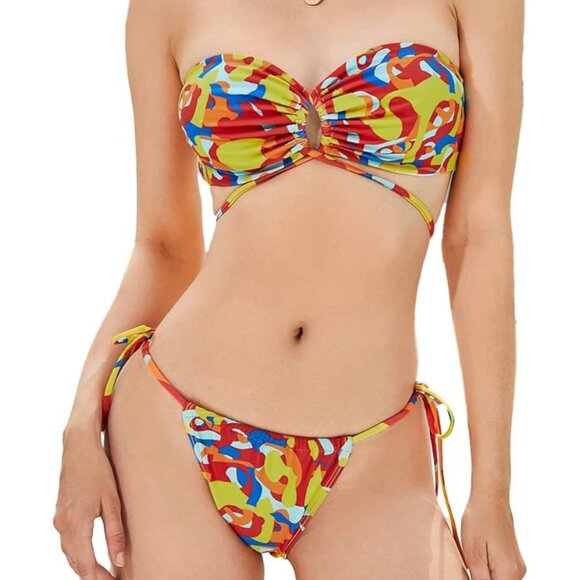 NWT Women Allover Print Bandeau Tie Side Bikini Set - Small or X-Large - Picture 1 of 6